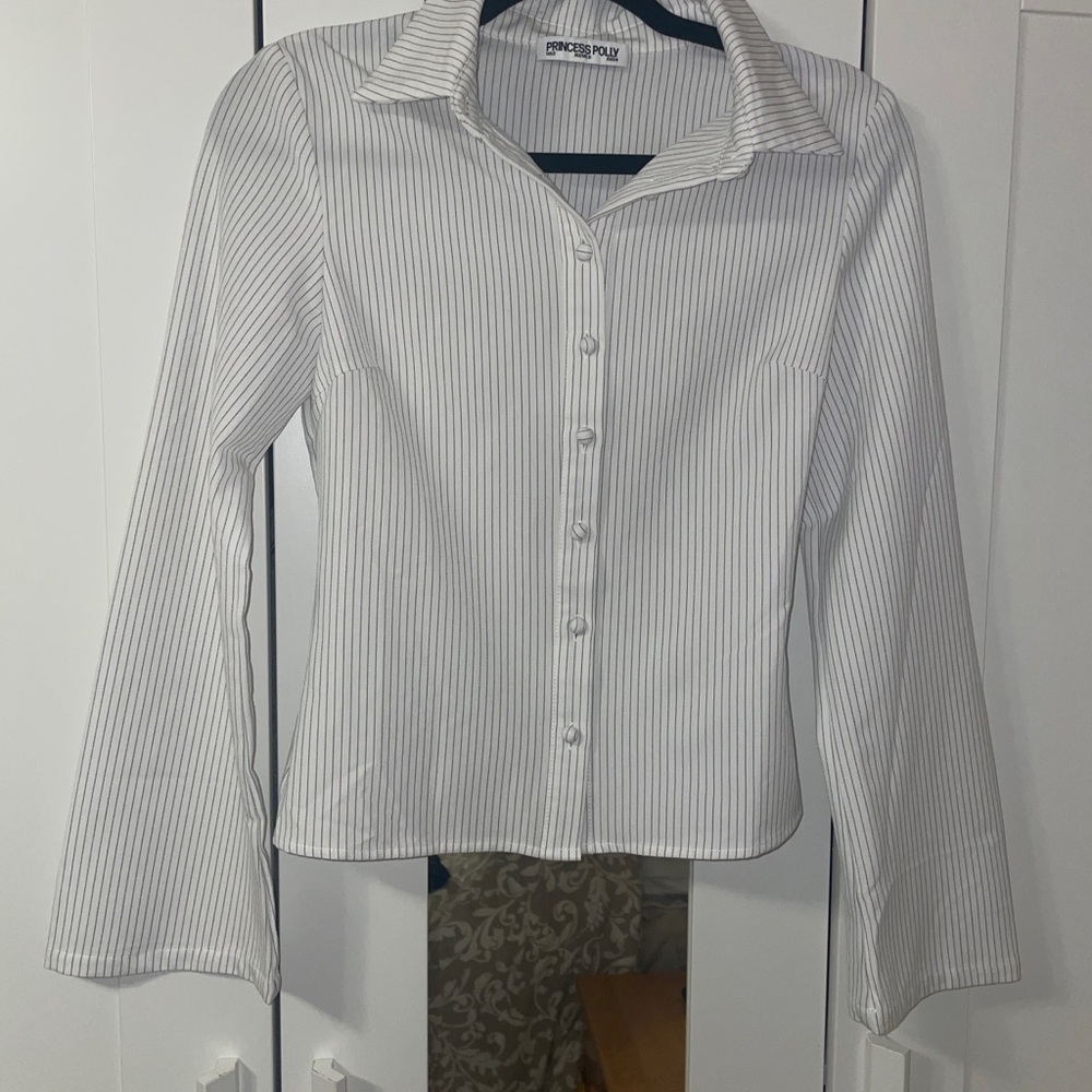 Princess Polly White Shirt with Black Pinstripes